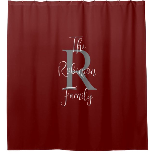 Burgundy White Grey Family Name Monogrammed  Shower Curtain (Front)