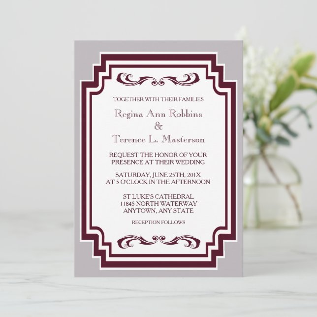 Burgundy White Grey Formal Invitation (Standing Front)