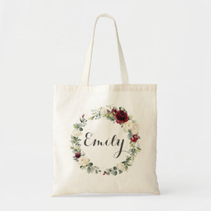 Burgundy White Ivory Floral Flowers Wedding Favour Tote Bag