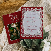 Burgundy White Lace Doily Old Money Photo Wedding
