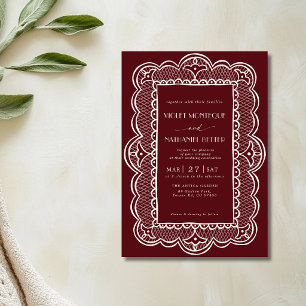 Burgundy & White Lace Old Money Rustic Wedding Invitation