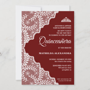 Burgundy White Lace Tiara Quinceanera XV Invitation