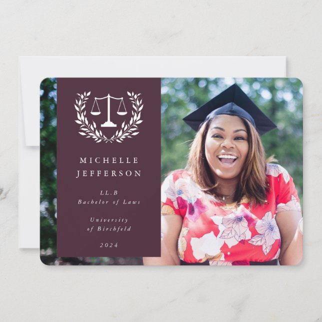 Burgundy+White Law Scales Laurel Wreath Photo Announcement (Front)