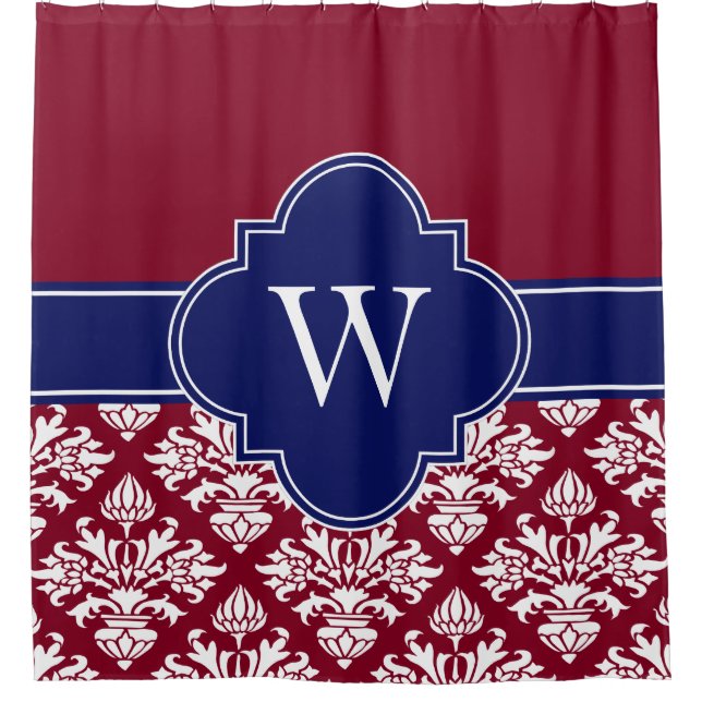 Burgundy White LG Damask #3 1ICBR Navy Monogram Shower Curtain (Front)