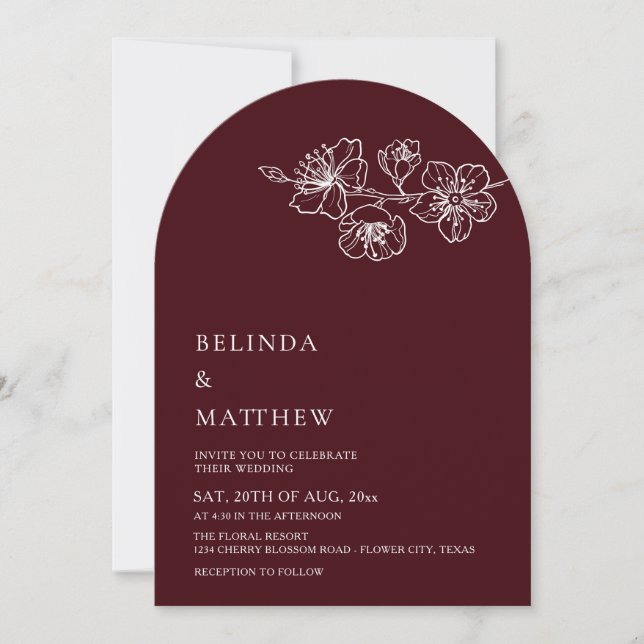 Burgundy White Line Art Minimalist Wedding Invitation (Front)