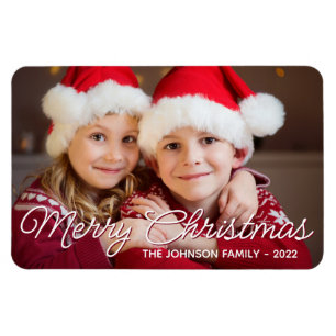 Burgundy White Merry Christmas Script Family Photo Magnet