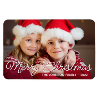 Burgundy White Merry Christmas Script Family Photo Magnet