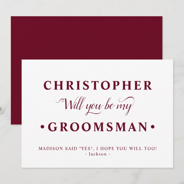 Burgundy White Minimalist Groomsman Proposal Card (Front/Back)