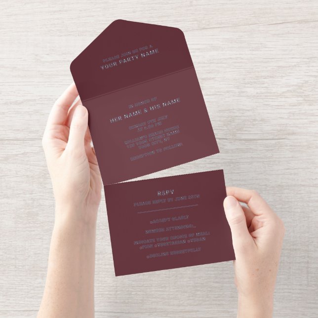 Burgundy White | Minimalist Modern Elegant Foil All In One Invitation (Tearaway)