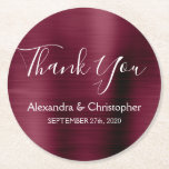 Burgundy & White Modern Wedding Thank You Round Paper Coaster<br><div class="desc">Burgundy and White Faux Metallic Stainless Steel Modern and Elegant Wedding Thank You Coasters. These Cranberry Burgundy Drink Coasters can be customised to include your name and wedding date. The Purple Marsala Coasters are part of the Burgundy Wedding Collection. Additional customise items can be created upon request to the designer....</div>