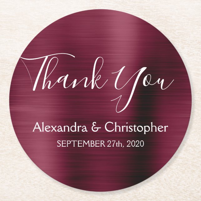 Burgundy & White Modern Wedding Thank You Round Paper Coaster (Front)