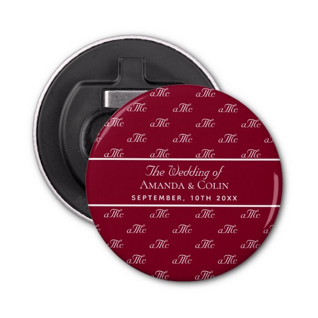 Burgundy white monogram couple initials wedding bottle opener (Front)