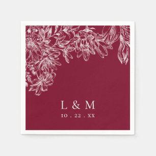 Burgundy White Monogram Floral Wedding Napkins