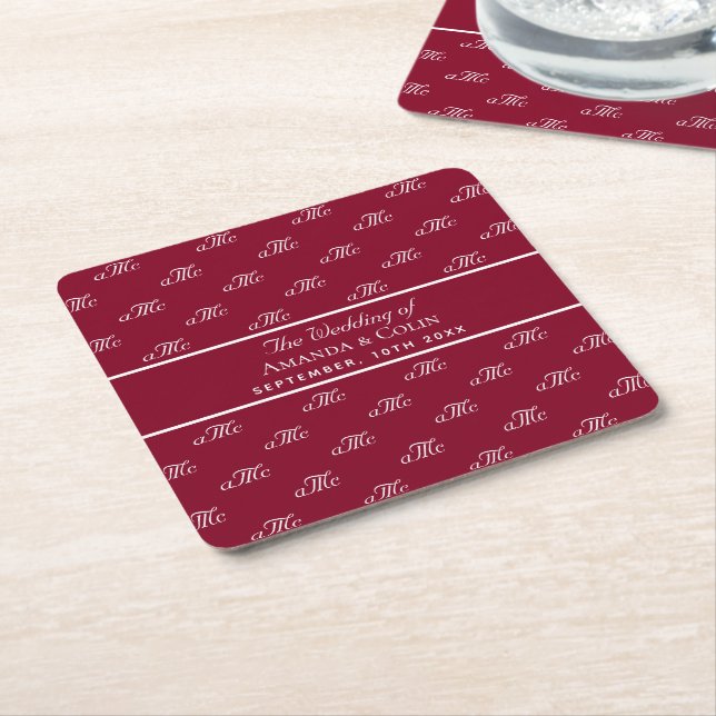 Burgundy white monogram initials elegant wedding square paper coaster (Angled)