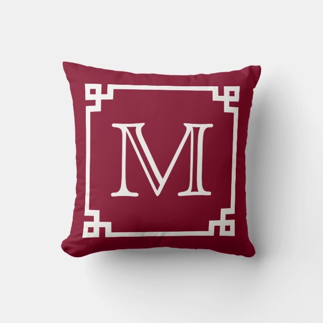 Burgundy White Monogram White Greek Key Cushion (Front)