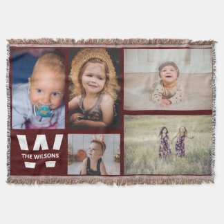 Burgundy White Multiple Photos Custom Monogram Throw Blanket