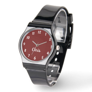 Burgundy White, Name, Casual Mens Black Band Wrist Watch