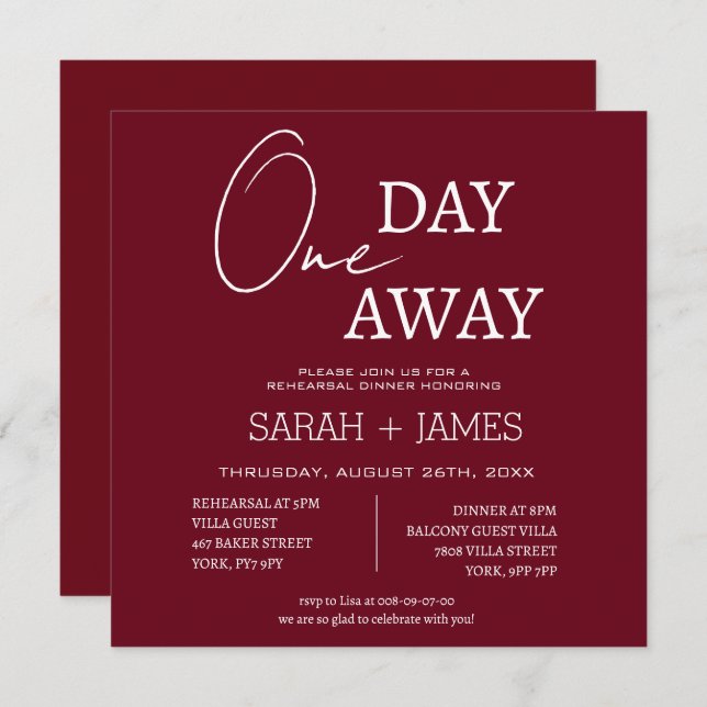 Burgundy White One Day Away Rehearsal Dinner  Invitation (Front/Back)