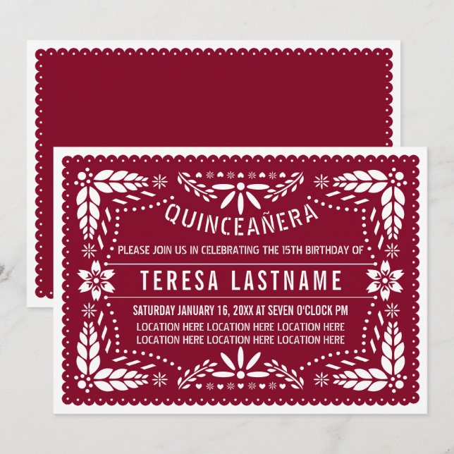 Burgundy,  white papel picado Mexican Quinceañera Invitation (Front/Back)