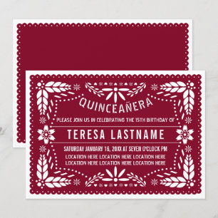 Burgundy, white papel picado Mexican Quinceañera Invitation