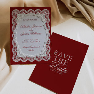 Burgundy White Paper Lace Doily Old Money Wedding Save The Date