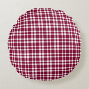 Burgundy White Plaid Pattern Round Cushion