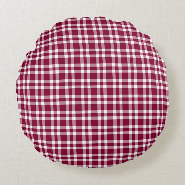 Burgundy White Plaid Pattern Round Cushion (Front)
