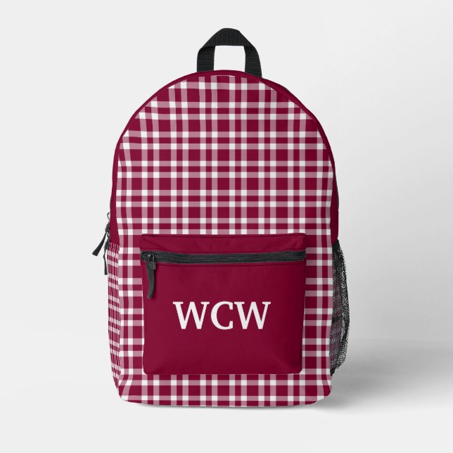 Burgundy White Plaid Personalise Pattern Printed Backpack (Front)