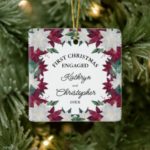 Burgundy White Poinsettias First Christmas Engaged Ceramic Ornament