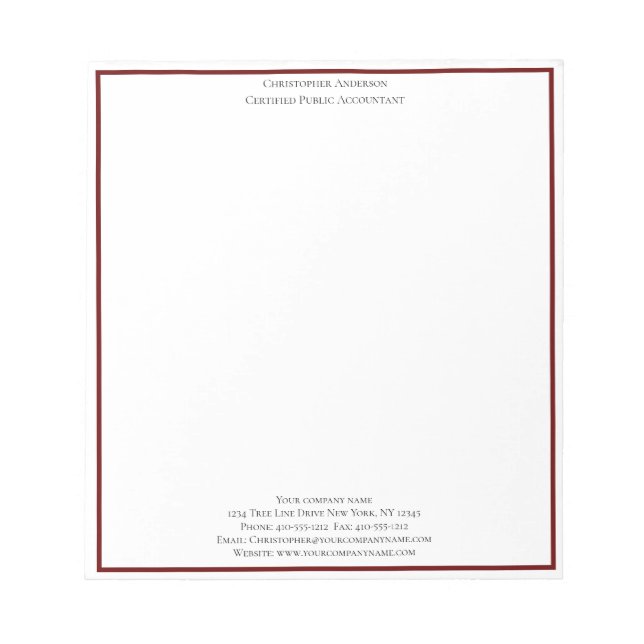 Burgundy White Professional Business Personalised Notepad (Front)