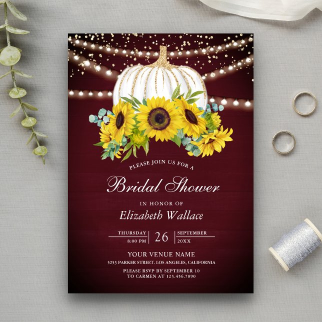 Burgundy White Pumpkin Sunflowers Bridal Shower In Invitation (Creator Uploaded)