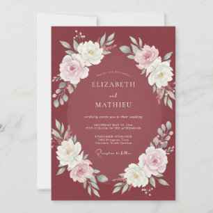 Burgundy White Ranunculus Eucalyptus Wedding Invitation
