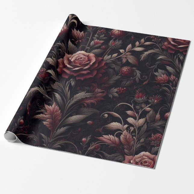 Burgundy White Red Floral Gift Wrapping Paper  (Unrolled)
