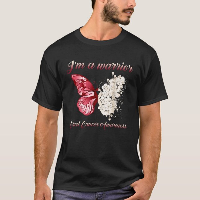 Burgundy White Ribbon Butterfly I m A Warrior Oral T-Shirt (Front)