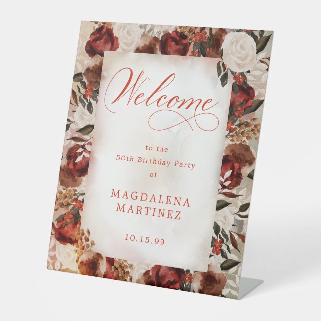 Burgundy White Rose 50th Birthday Welcome Pedestal Sign (Front)