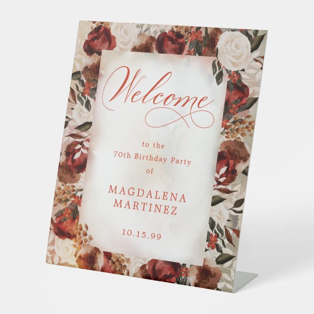 Burgundy White Rose 70th Birthday Welcome Pedestal Sign (Front)