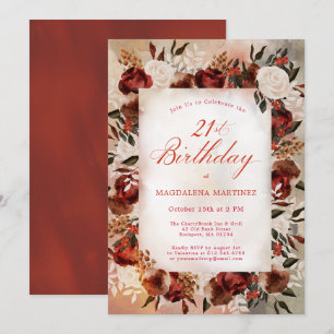 Burgundy White Rose Fall Floral 21st Birthday Invitation