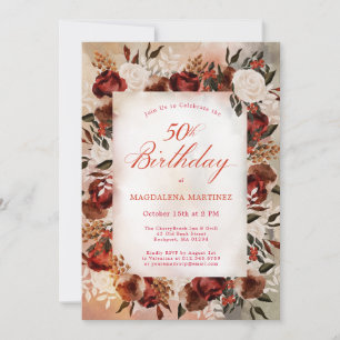 Burgundy White Rose Fall Floral 50th Birthday Invitation