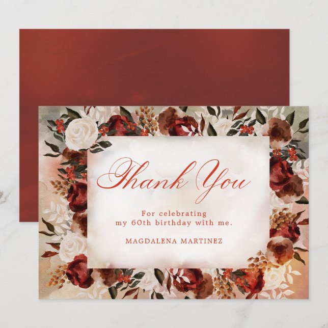 Burgundy White Rose Fall Floral 60th Birthday Thank You Card (Front/Back)