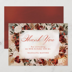 Burgundy White Rose Fall Floral 60th Birthday Thank You Card