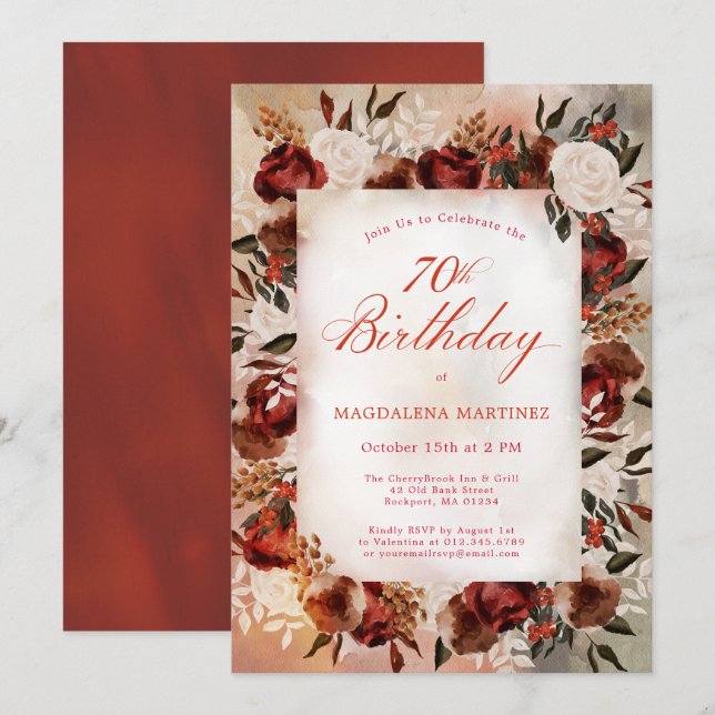 Burgundy White Rose Fall Floral 70th Birthday Invitation (Front/Back)