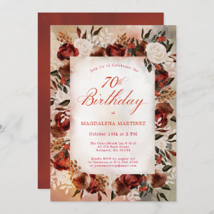 Burgundy White Rose Fall Floral 70th Birthday Invitation