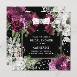Burgundy white rose floral diamond bow chic invitation