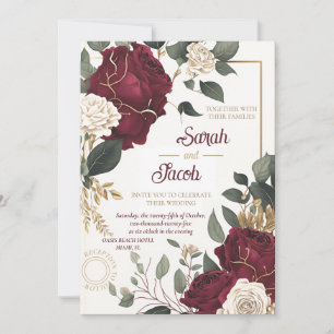 Burgundy White Rose Floral Gold Elegant Wedding Invitation