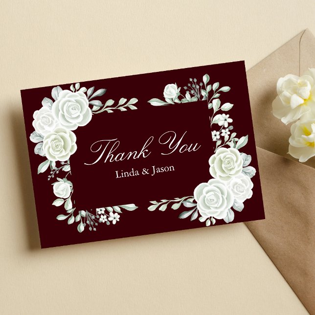 Burgundy White Roses Wedding Thank You Cards (Creator Uploaded)