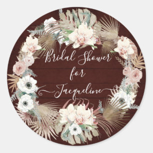 Burgundy White Rustic Wooden Floral Palm Foliage Classic Round Sticker