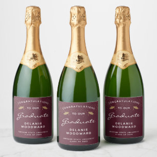 Burgundy White Script Gold Cap Graduation Sparkling Wine Label