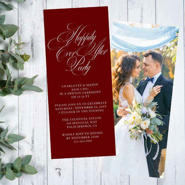 Burgundy White Script Happily Ever After Party Invitation (Creator Uploaded)