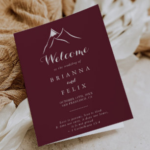 Burgundy White Silhouette Mountain Folded Wedding Programme