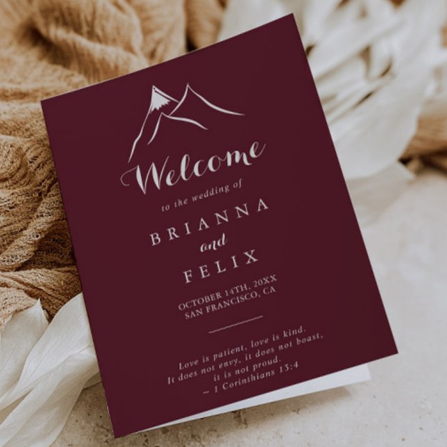 Burgundy White Silhouette Mountain Folded Wedding Programme (Creator Uploaded)